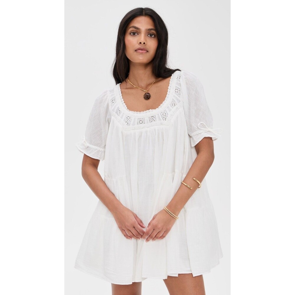 Free People Sandy Shores Babydoll Mini Dress Eyelet Puff Sleeve Solid XS 287320 - Picture 4 of 10